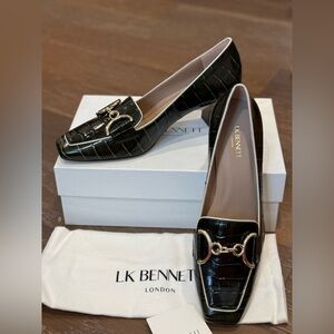 LK Bennett Samantha Croc-Embossed Loafers with Gold Hardware White Trim